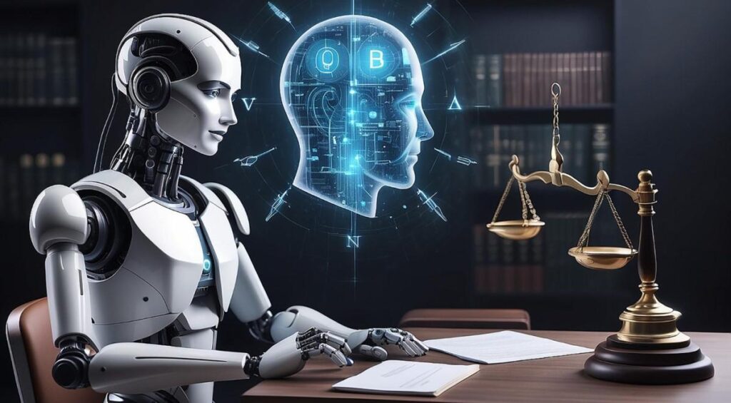 Robô humanoide sentado em uma mesa com balança de justiça, analisando documentos com um holograma de cabeça humana digital ao fundo