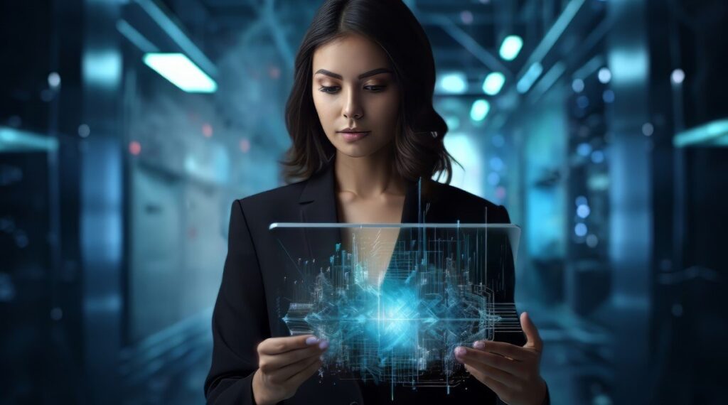 Mulher de negócios interagindo com um holograma digital, analisando gráficos e dados em um ambiente futurista