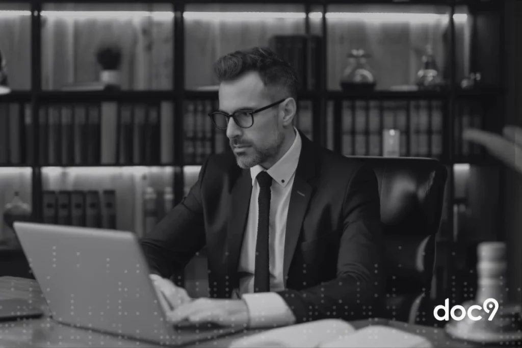 Advogado concentrado pesquisando jurisprudência.
