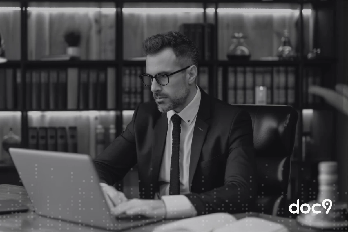 Advogado concentrado pesquisando jurisprudência.