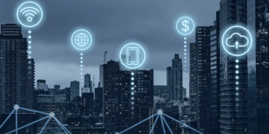 Imagem de cidade moderna com ícones de tecnologia e conectividade, representando transformação digital, internet das coisas e inovação urbana.