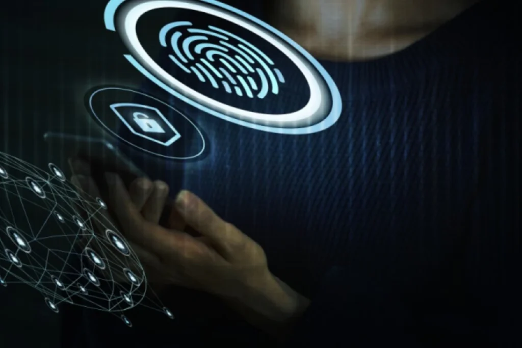 Imagem de tecnologia de segurança digital com impressão digital, cadeado digital e rede de conexões, simbolizando proteção de dados pessoais e segurança online. do certificado digital A1