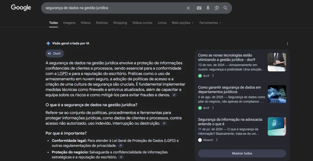 Resultados da SERP demonstrando ranqueamento da doc9 para o termo "segurança de dados na gestão juridica"