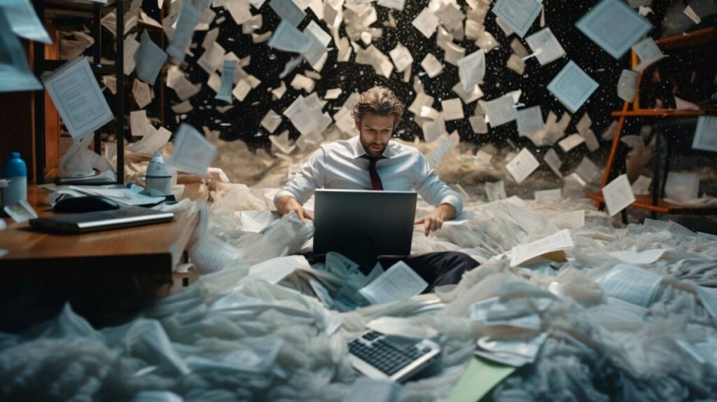 Homem trabalhando em um laptop cercado por uma grande quantidade de papéis espalhados pelo ambiente, simbolizando sobrecarga de trabalho e desorganização de documentos físicos.
