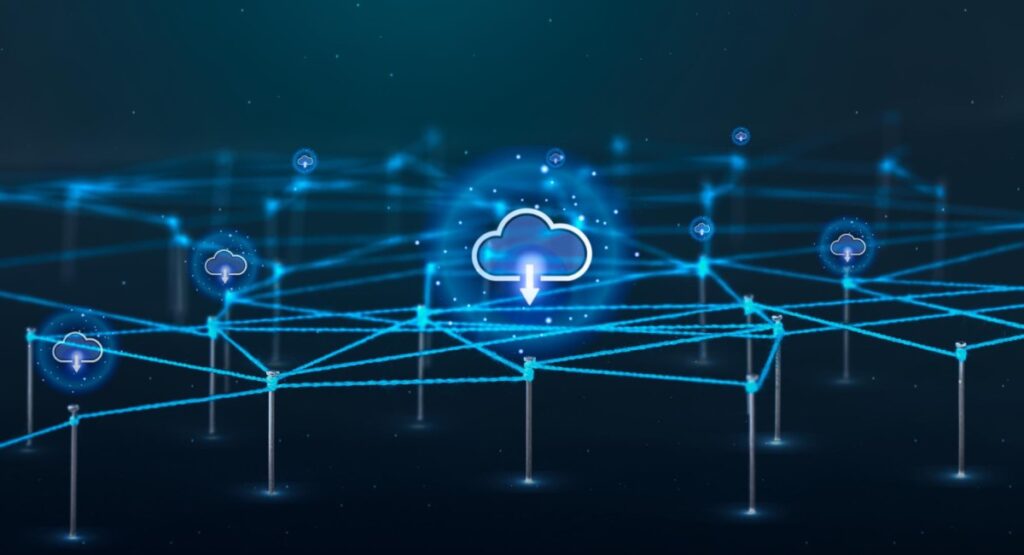 Representação digital de uma rede interconectada com ícones de nuvem, simbolizando a infraestrutura da computação em nuvem e a conectividade global.