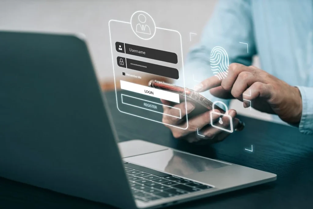 Pessoa utilizando um smartphone com uma tela de login digital projetada que mostra opções de login e registro, simbolizando que é uma pessoa autorizada a acessar o certificado digital