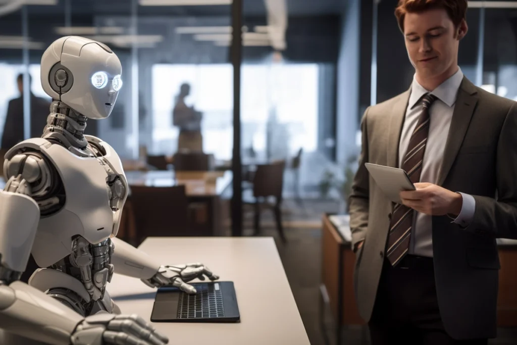 Humano e robô interagindo em escritório moderno, com o robô usando um computador portátil e o humano segurando uma tablet, simbolizanda IA jurídica na área de negócios.