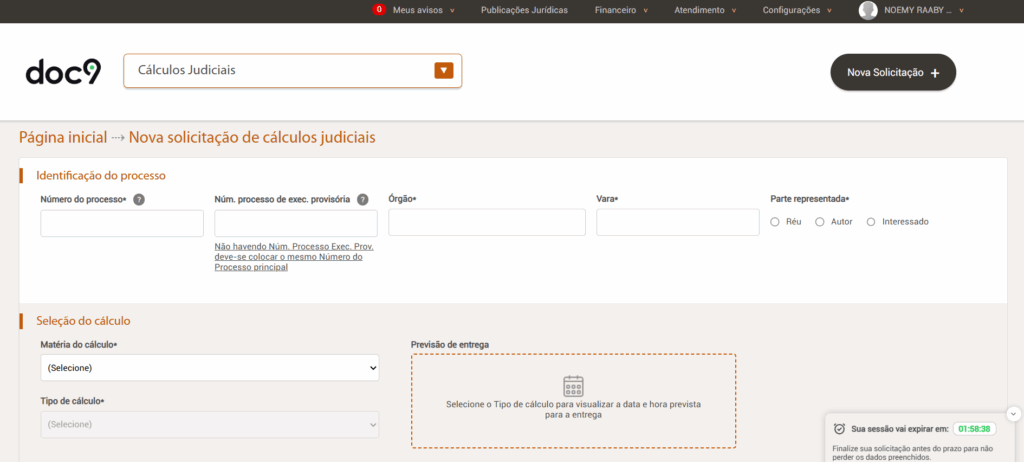 Imagem ilustrativa de uma tela de computador mostrando uma página de solicitação de cálculos judiciais no sistema Doc9, voltada para profissionais da área jurídica.