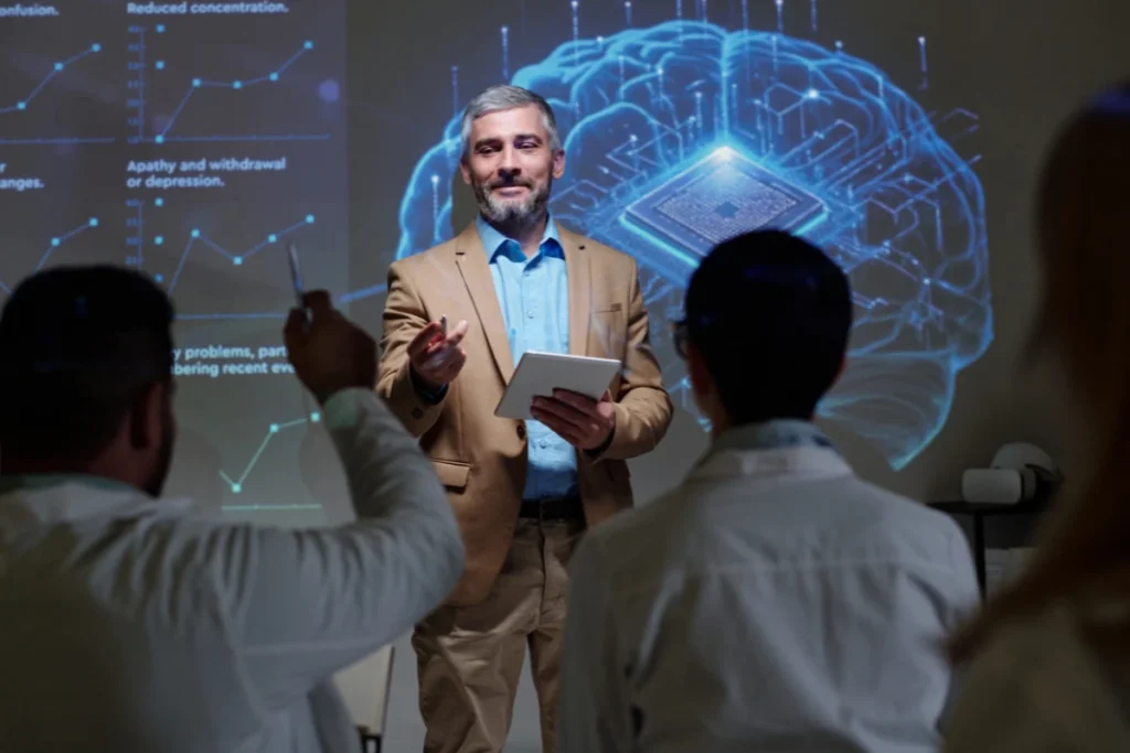 Pesquisador ou professor apresentando conceitos de inteligência artificial e cérebro digital para alunos ou colegas em aula sobre como avaliar a melhor IA para advogados.