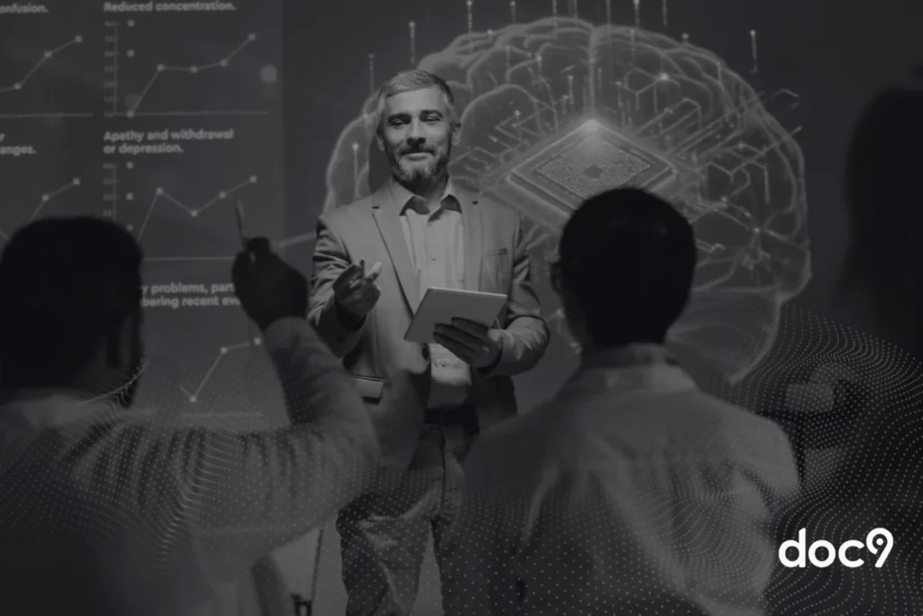 Pesquisador ou professor apresentando conceitos de inteligência artificial e cérebro digital para alunos ou colegas em aula sobre como avaliar a melhor IA para advogados experientes e iniciantes.