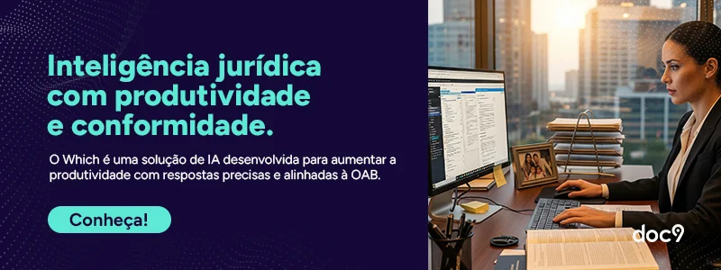 Mulher trabalhando com inteligência jurídica em escritório moderno com computador utilizando o which.doc9 a melhor inteligência artificial para advogados