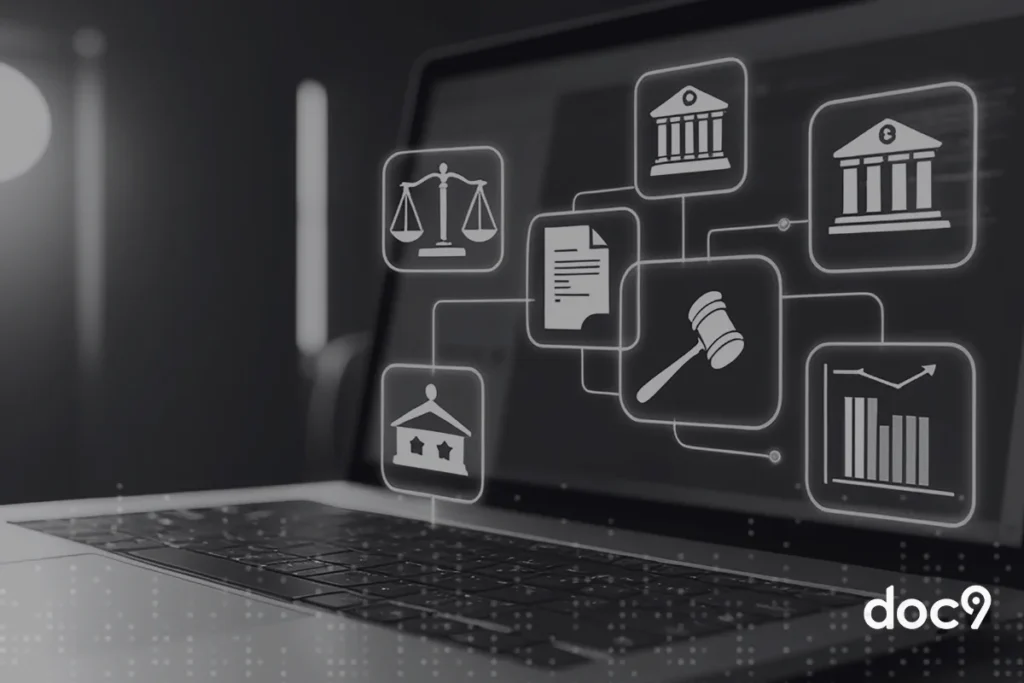 Laptop com ícones digitais relacionados as plataformas juridicas, documentos legais, tribunal, balança da justiça e gráficos financeiros