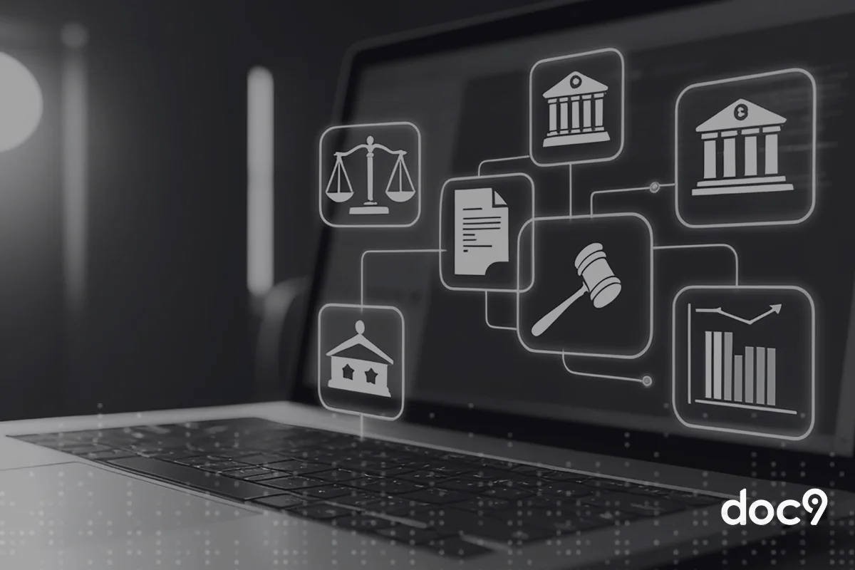 Laptop com ícones digitais relacionados as plataformas juridicas, documentos legais, tribunal, balança da justiça e gráficos financeiros