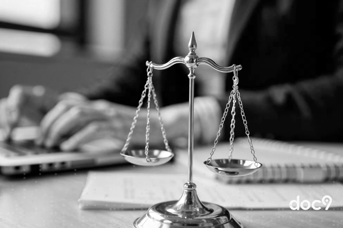 Balança da justiça com advogado ao fundo, representando uma peça jurídica.