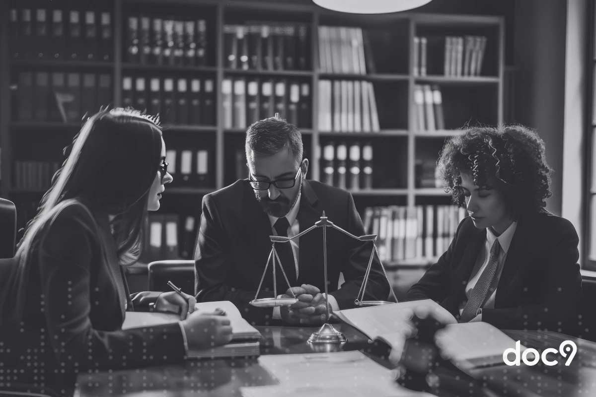 Equipe jurídica reunida em uma mesa.