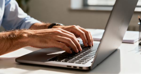 Advogado utilizando computador para an&aacute;lise e revis&atilde;o de contratos no contexto jur&iacute;dico.