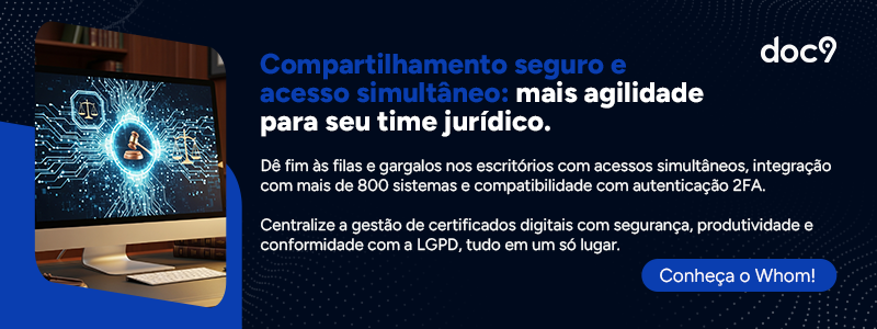 Compartilhamento seguro e acesso simultâneo: mais agilidade para seu time jurídico. Dê fim às filas e gargalos nos escritórios com acessos simultâneos, integração com mais de 800 sistemas e compatibilidade com autenticação 2FA. Centralize a gestão de certificados digitais com segurança, produtividade e conformidade com a LGPD, tudo em um só lugar. Conheça o Whom!
