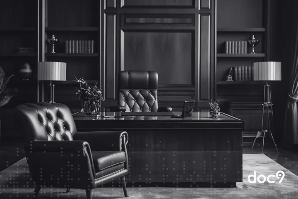 Vista frontal em preto e branco de um escritório, ilustrando um artigo da doc9 sobre como montar um escritório de advocacia moderno e eficiente.
