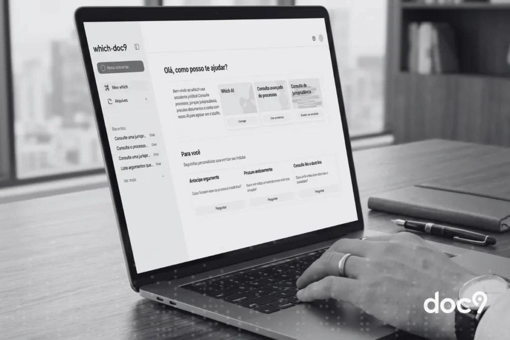Interface do software jurídico Which.doc9 exibindo opções de consulta de processos, jurisprudência e inteligência artificial para advogados.