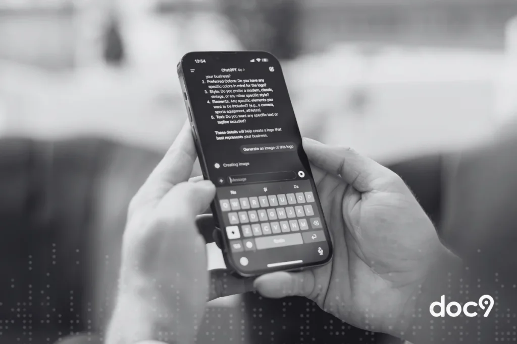Pessoa segurando smartphone com tela mostrando conversa no ChatGPT, ilustrando um artigo da doc9 sobre prompt jurídico.