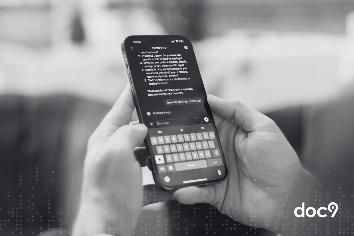 Pessoa segurando smartphone com tela mostrando conversa no ChatGPT, ilustrando um artigo da doc9 sobre prompt jurídico.